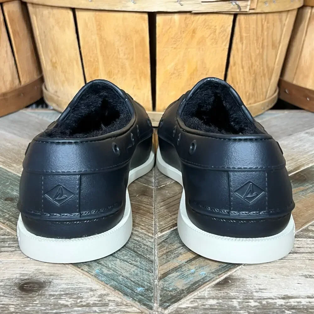 Sperry A/O Float Cozy Black Rubber Faux Fur Lined Slip-On Boat Shoes Men Size 10
